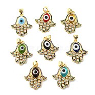Brass Cubic Zirconia Pendants, with Lampwork, Real 18K Gold Plated, Hamsa Hand Charm, Mixed Color, 24x20.5x4mm, Hole: 5x3.5mm(KK-K338-02G)