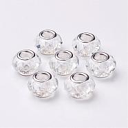 Handmade Glass European Beads, Large Hole Beads, Silver Color Brass Core, Clear, 14x8mm, Hole: 5mm(GPDL25Y-1)