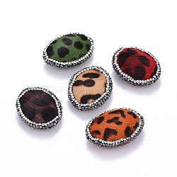 Polymer Clay Rhinestone Beads, with Imitation Leather, Oval with Leopard Print, Mixed Color, 32~33.5x24~25x9~10mm, Hole: 0.8mm(RB-E539-01)