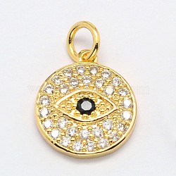 Brass Micro Pave Cubic Zirconia Charms, Cadmium Free & Nickel Free & Lead Free, Flat Round with Evil Eye, Real 18K Gold Plated, 13x12x2mm, Hole: 3mm(ZIRC-P074-07G-NR)