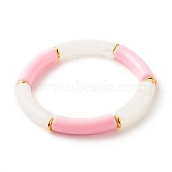 Acrylic Tube Beaded Stretch Bracelets, with Brass Beads, Pink, Inner Diameter: 2-1/8 inch(5.5cm)(BJEW-JB07778-03)