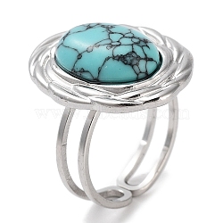 304 Stainless Steel Ring, Adjustable Synthetic Turquoise Rings, Oval, 17.5x22mm, Inner Diameter: Adjustable(RJEW-B059-12P-02)