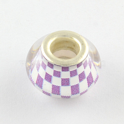 Large Hole Acrylic Checkered Pattern European Beads, with Silver Tone Brass Double Cores, Rondelle, Medium Purple, 14x9~10mm, Hole: 5mm(X-OPDL-Q129-179A)