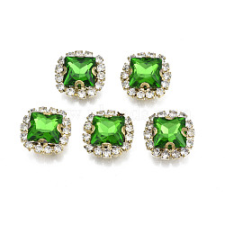 Sew on Rhinestone, Transparent Glass Rhinestone, with Brass Prong Settings, Faceted, Square, Green, 13x13x6mm, Hole: 0.9mm(RGLA-S030-18-B06)