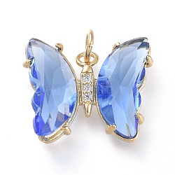 Brass Micro Pave Clear Cubic Zirconia Pendant, with Glass, Butterfly, Golden, Cornflower Blue, 15x19x4.5mm, Hole: 3.5mm(ZIRC-P079-B02-08)