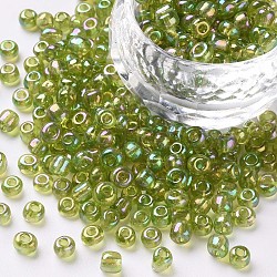 Glass Seed Beads, Trans. Colors Rainbow, Round, Green Yellow, Size: about 4mm in diameter, hole:1mm, about 2222pcs/100g(X1-SEED-A007-4mm-164)