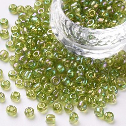 6/0 Glass Seed Beads, Trans. Colors Rainbow, Round, Green Yellow, 4mm, Hole: 1.5mm, about 1000pcs/100g(X1-SEED-A007-4mm-164)
