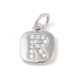 Rack Plating Brass Micro Pave CLear Cubic Zirconia Charms, with Jump Rings, Cadmium Free & Lead Free, Long-Lasting Plated, Platinum, Letter R, 11.5x9x1.5mm, Hole: 2.8mm(KK-E110-14P-R)