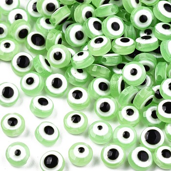 Resin Beads, Flat Round, Evil Eye, Light Green, 6x4mm, Hole: 1.5mm