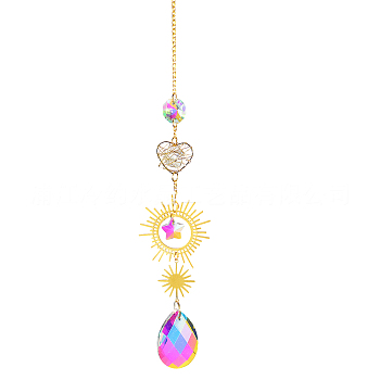 Quartz Crystal Big Pendant Decorations, Hanging Sun Catchers, with Wire Wrapped Heart, Teardrop, Clear AB, 422x43.5mm