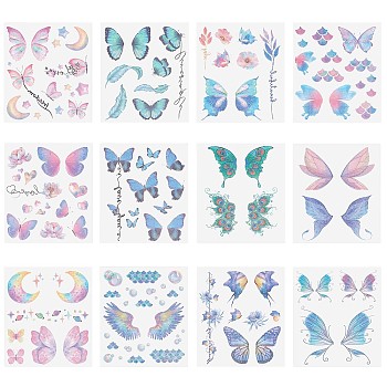 12 Sheets 12 Style Butterfly Theme Cool Sexy Body Art Removable Temporary Tattoos Paper Stickers, Mixed Patterns, 12x10.5x0.03cm, 1 sheet/style