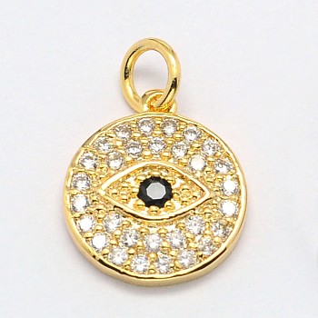 Brass Micro Pave Cubic Zirconia Charms, Cadmium Free & Nickel Free & Lead Free, Flat Round with Evil Eye, Real 18K Gold Plated, 13x12x2mm, Hole: 3mm