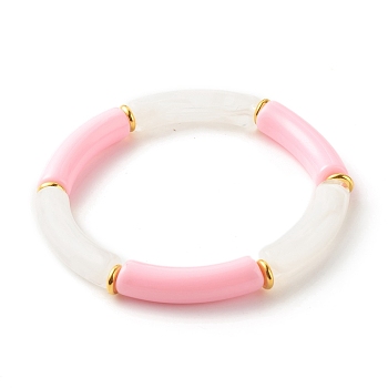 Acrylic Tube Beaded Stretch Bracelets, with Brass Beads, Pink, Inner Diameter: 2-1/8 inch(5.5cm)