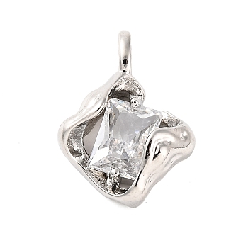 Brass Pave Clear Cubic Zirconia Pendants, Platinum, Rhombus, 16x12x6mm, Hole: 2x1mm