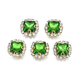 Sew on Rhinestone, Transparent Glass Rhinestone, with Brass Prong Settings, Faceted, Square, Green, 13x13x6mm, Hole: 0.9mm