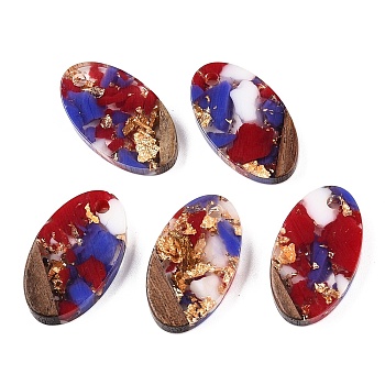 Transparent Resin and Walnut Wood Pendants, Oval Charms with Gold Foil, Colorful, 22x12.5x3.5mm, Hole: 2mm