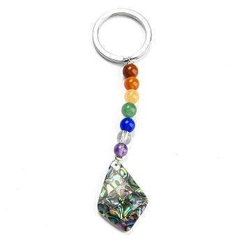 Abalone Shell/Paua Shell Keychain, with Alloy Key Rings and Chakra Gemstone Beads, Rhombus, 10.1cm, pendant: 75x20x6.5mm