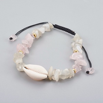 Natural Rose Quartz & White Moonstone Chip Braided Bead Bracelets, with Cowrie Shell, 1-7/8 inch~3-1/8 inch(4.7~8cm)