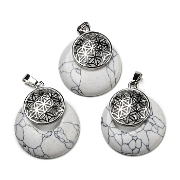 Natural Howlite Pendants, Spiritual Charms, with Platinum Tone Brass Findings, Flat Round with Flower of Life/Sacred Geometry, 32~32.5x28~30x7~7.5mm, Hole: 5x8mm