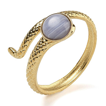 Synthetic Blue Lace Agate Finger Rings, Snake 304 Stainless Steel Open Cuff Rings, Real 18K Gold Plated, Inner Diameter: 17mm