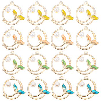 Olycraft 16Pcs 4 Colors Alloy Enamel Pendants, Jewelry Accessory, Light Gold, Ring with Tail Shape, Mixed Color, 30.5x29x7.5mm, Hole: 1.8mm, 4pcs/color
