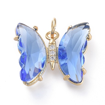 Brass Micro Pave Clear Cubic Zirconia Pendant, with Glass, Butterfly, Golden, Cornflower Blue, 15x19x4.5mm, Hole: 3.5mm