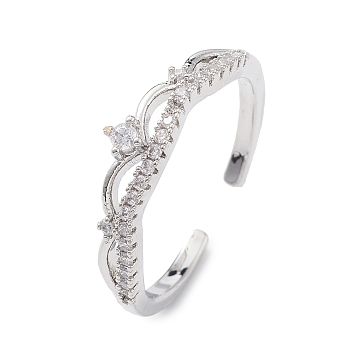 Clear Cubic Zirconia Crown Open Cuff Ring, Brass Jewelry for Women, Platinum, Inner Diameter: 17mm