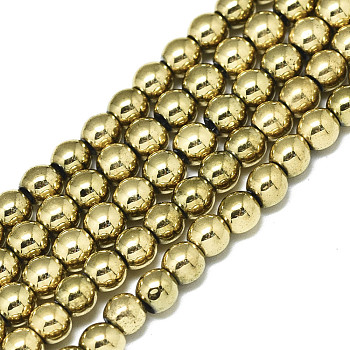 Electroplate Non-magnetic Synthetic Hematite Beads Strands, Round, Real 18K Gold Plated, 4x4mm, Hole: 0.9mm, about 100~101pcs/strand, 15.75 inch(40cm)