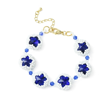MIYUKI Glass Seed & Lampwork & Rhinestone Braided Star Link Chain Bracelets, Blue, 7-1/8 inch(18cm)
