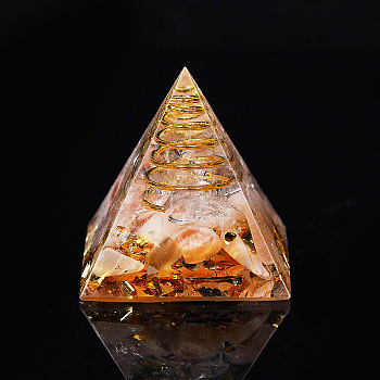Orgonite Pyramid Resin Display Decorations, with Brass Findings, Gold Foil and Natural Sunstone Chips Inside, for Home Office Desk, 30mm