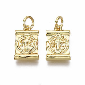 Brass Charms, with Jump Ring, Nickel Free, Rectangle with Saint & Cross, Real 18K Gold Plated, 14x9x2.5mm, Hole: 3mm
