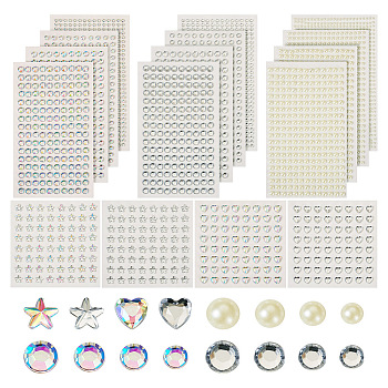 16 Sheets 4104Pcs Acrylic Imitation Pearl Stickers and Acrylic Rhinestone Gems Stickers, Half Round & Heart & Star Shape, for Scrapbooking and Crafts, Mixed Color, 3~6mm