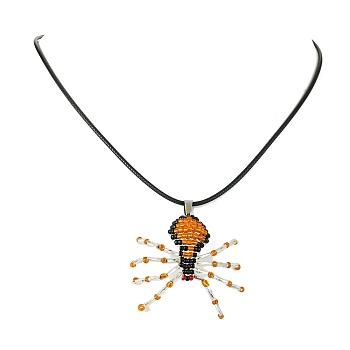 Braided Glass Seed Bead Spider Pendant Necklaces, Waxed Cotton Cord Necklaces for Women, Sandy Brown, 19.69 inch(50cm)