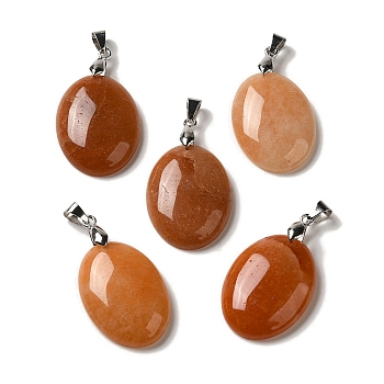 Natural Red Aventurine Pendants, Oval Charms with Rack Plating Platinum Plated Brass Snap on Bails, 30x21.5~22x6~6.5mm, Hole: 6x4mm