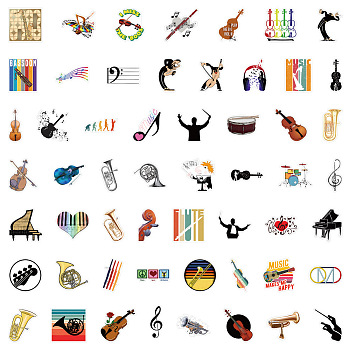 Music Theme PVC Plastic Sticker Labels, Waterproof Decals for Suitcase, Skateboard, Refrigerator, Helmet, Mobile Phone Shell, Musical Instruments Pattern, 30~80mm, 50pcs/set
