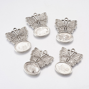 Tibetan Style Pendant Cabochon Settings, Lead Free, Butterfly, Antique Silver, 30x22x2mm, Hole: 2mm, Tray: 14x10mm