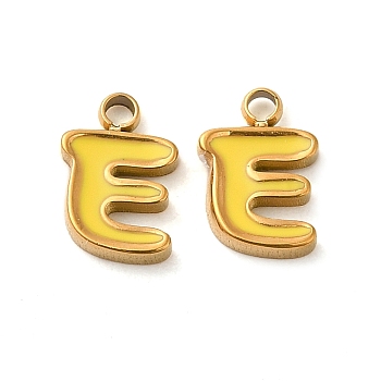 304 Stainless Steel Enamel Charms, Real 14K Gold Plated, Letter, Letter E, 8x5.5x1.3mm, Hole: 1.2mm