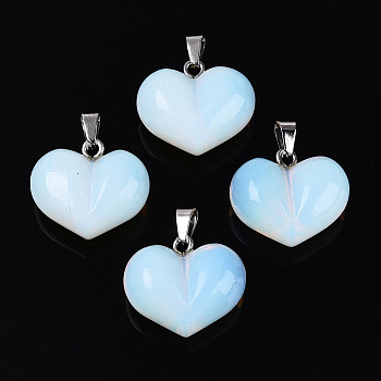 Opalite Chunky Pendants, Heart Charms, with 304 Stainless Steel Snap on Bails, Stainless Steel Color, 17~18x20~20.5x11~12mm, Hole: 5.5~6x2.5~3.5mm