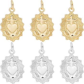 8Pcs 2 Colors Brass Pendants, with Jump Ring, Cadmium Free & Lead Free, Sacred Heart with Cross, Platinum & Real 18K Gold Plated, 19x12.5x2.5mm, Hole: 3mm, 4pcs/color