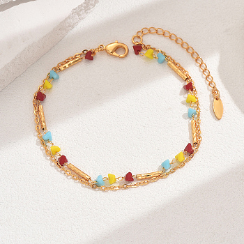 Fashionable Real 18K Gold Plated Brass Glass Double Layers Anklets for Women's Beachwear, Colorful, 8-1/8 inch(20.5cm)