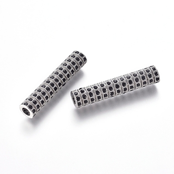 Brass Micro Pave Cubic Zirconia Beads, Tube Beads, Black, Real Platinum Plated, 29.5x6mm, Hole: 2.5mm