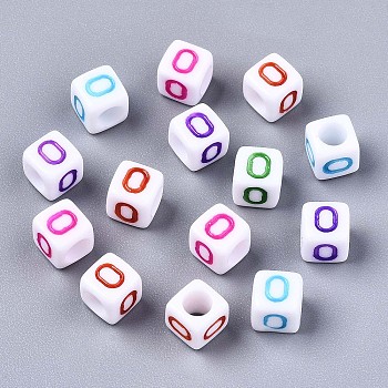 Acrylic Beads, Horizontal Hole, Cube with Mixed Color Letter, Letter.O, 6x6x6mm, Hole: 3mm, about 2600pcs/500g