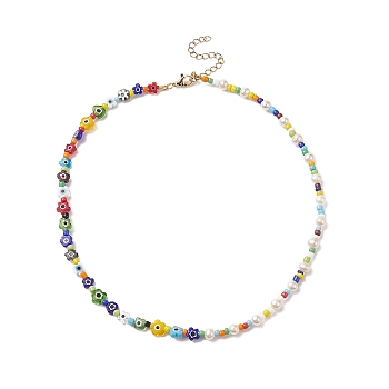 Natural Pearl & Millefiori & Seed Glass Beaded Necklace for Women, Colorful, 15.67 inch(39.8cm)