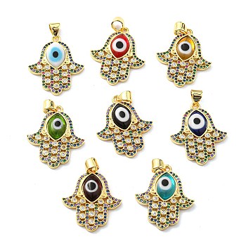 Brass Cubic Zirconia Pendants, with Lampwork, Real 18K Gold Plated, Hamsa Hand Charm, Mixed Color, 24x20.5x4mm, Hole: 5x3.5mm