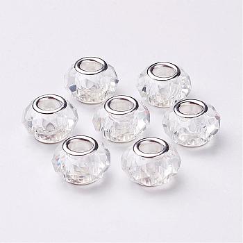Handmade Glass European Beads, Large Hole Beads, Silver Color Brass Core, Clear, 14x8mm, Hole: 5mm