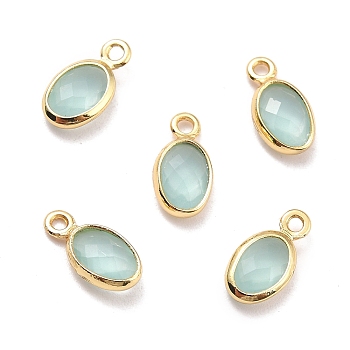 Eco-Friendly Brass with Glass Pendants,  Long-Lasting Plated, Lead Free & Cadmium Free & Nickel Free, Oval, Real 18K Gold Plated, Medium Aquamarine, 9x4.5x2mm, Hole: 1.2mm
