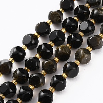 Natural Black Obsidian Beads Strands, with Seed Beads, Six Sided Celestial Dice, Faceted, 8~8.5x8~8.5mm, Hole: 1mm, about 40pcs/strand, 15.75 inch(40cm)