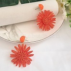 Flower Brass Grass Dangle Stud Earrings, with Raffia, Golden, Orange Red, 65x50mm(FS-WG07395-01)