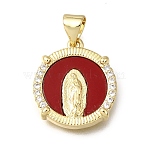 Religion Brass & Clear Cubic Zirconia & Acrylic Pendants, Flat Round with Virgin Mary Pattern Charms, Real 16K Gold Plated, Dark Red, 18x16x3mm, Hole: 4x3mm(KK-G602-05B-04)