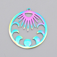 Ion Plating(IP) 201 Stainless Steel Pendants, Laser Cut, Moon Phase Charms, Rainbow Color, 30x28x1mm, Hole: 1.4mm(STAS-S105-LA517)